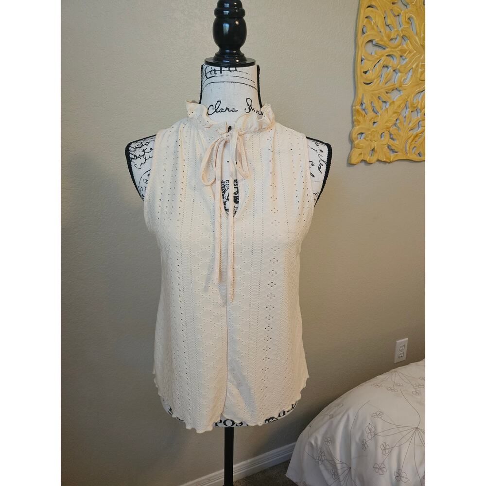 Butter yellow sleeveless top, ruffle tie neck, eyelet detail